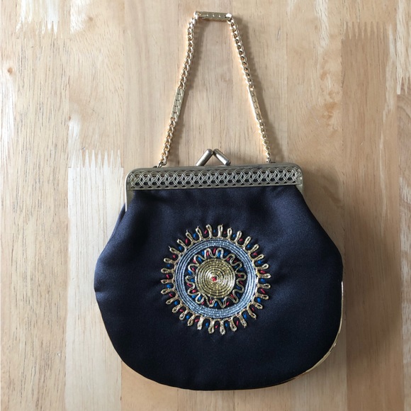 Vintage Handbags - Vintage Black satin Embroidered front small purse clutch with gold chain